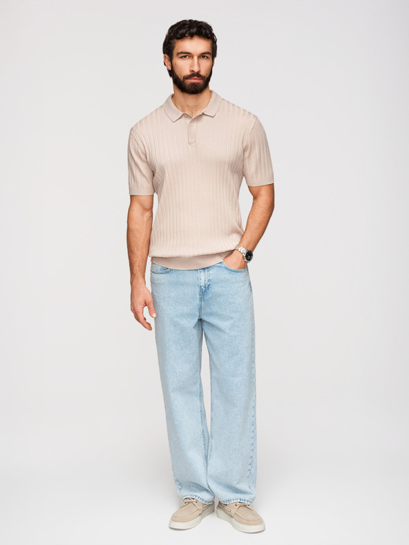 Ombre Clothing Muška polokošulja SLIM FIT od viskozne s okomitim prugama - bež V2 OM-POSS-0169 Ombre Clothing