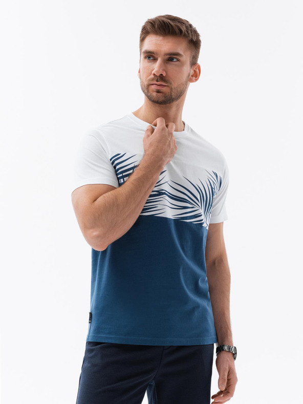 Ombre Clothing Muška dvobojne majica s tiskanjem palminih listova - tamno plava V1 OM-TSPT-0177 Ombre Clothing