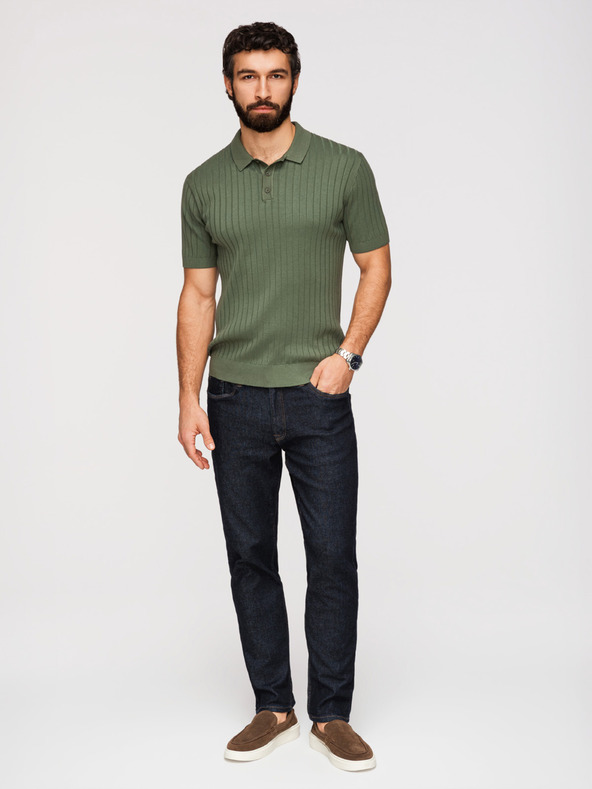 Ombre Clothing Muška polokošulja SLIM FIT od viskozne s okomitim rebrastim vezom - maslinasto zelena V4 OM-POSS-0169 Ombre Clothing