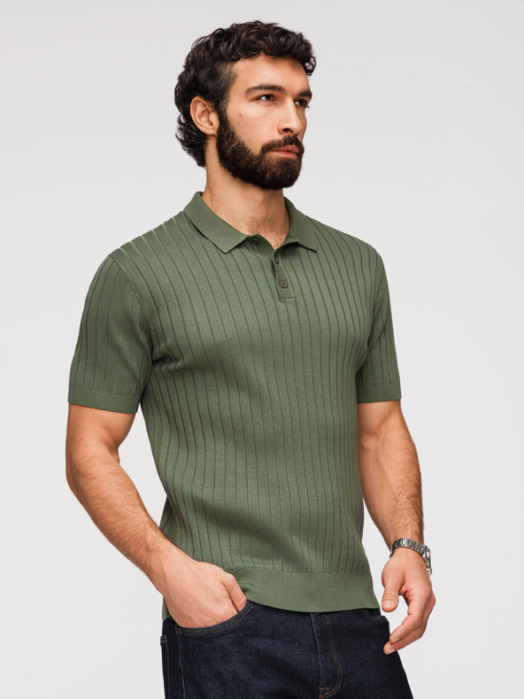Ombre Clothing Muška polokošulja SLIM FIT od viskozne s okomitim rebrastim vezom - maslinasto zelena V4 OM-POSS-0169 Ombre Clothing