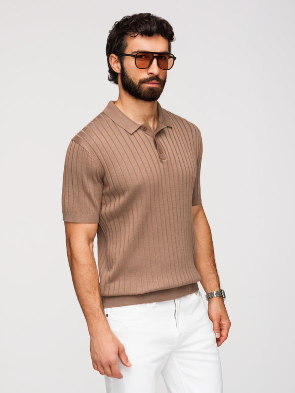 Ombre Clothing Muška polokošulja SLIM FIT od viskozne s okomitim prugama - svijetlo smeđa V5 OM-POSS-0169 Ombre Clothing