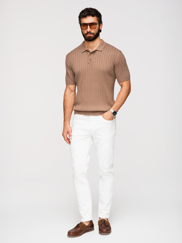 Ombre Clothing Muška polokošulja SLIM FIT od viskozne s okomitim prugama - svijetlo smeđa V5 OM-POSS-0169 Ombre Clothing