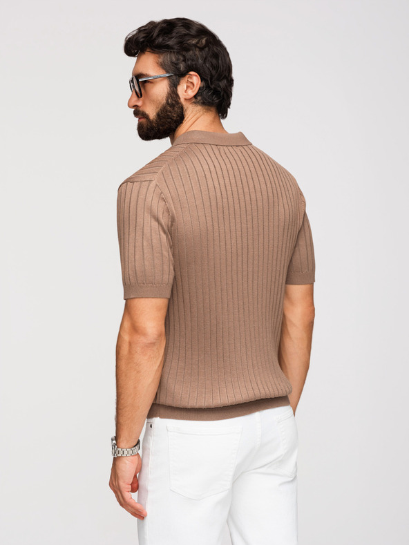 Ombre Clothing Muška polokošulja SLIM FIT od viskozne s okomitim prugama - svijetlo smeđa V5 OM-POSS-0169 Ombre Clothing