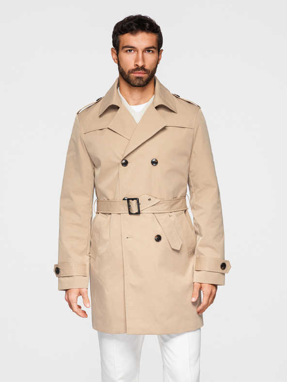 Ombre Clothing Elegantan muški dvoredan kaput SLIM FIT s pojasnom - bež V1 OM-COLC-0146 Ombre Clothing