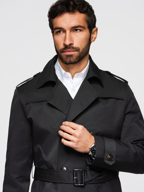 Ombre Clothing Muški dvoredan elegantan kaput SLIM FIT s pojasnom - crni V2 OM-COLC-0146 Ombre Clothing