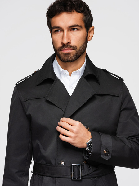 Ombre Clothing Muški dvoredan elegantan kaput SLIM FIT s pojasnom - crni V2 OM-COLC-0146 Ombre Clothing