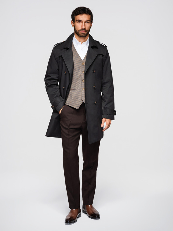 Ombre Clothing Muški dvoredan elegantan kaput SLIM FIT s pojasnom - crni V2 OM-COLC-0146 Ombre Clothing