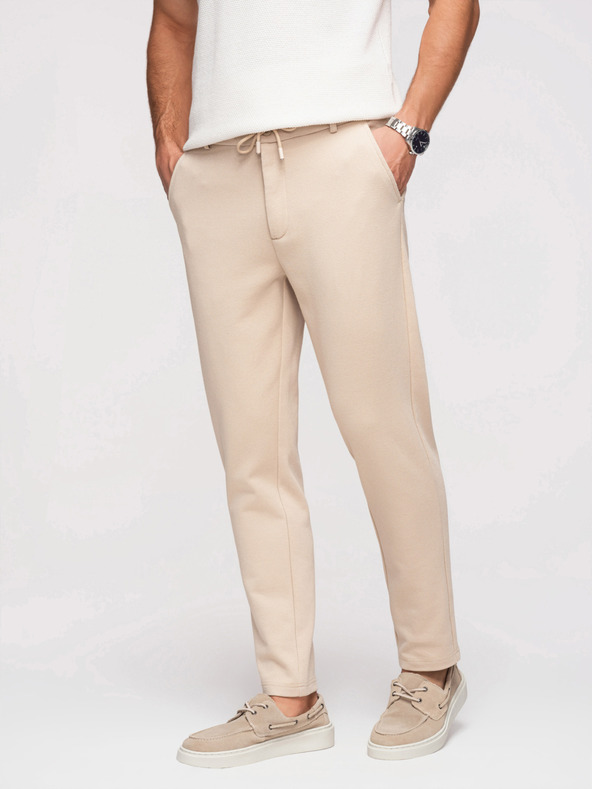 Ombre Clothing Muške opuštene hlače CARROT FIT od žakard pletenine - bež V2 OM-PACP-0292 Ombre Clothing