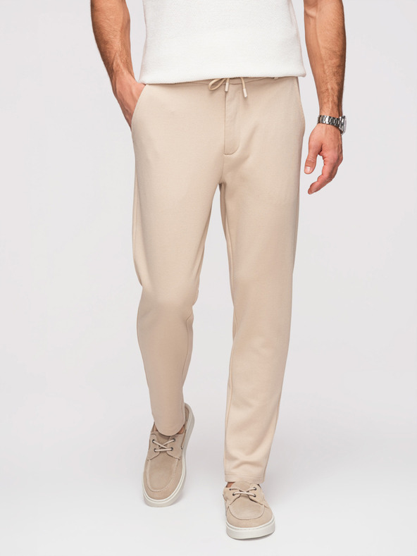 Ombre Clothing Muške opuštene hlače CARROT FIT od žakard pletenine - bež V2 OM-PACP-0292 Ombre Clothing