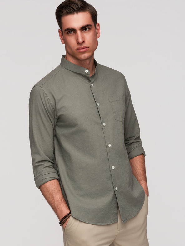 Ombre Clothing Muška platnenica košulja sa stojaćim ovratnikom i džepom REGULAR FIT - khaki V6 K704 Ombre Clothing