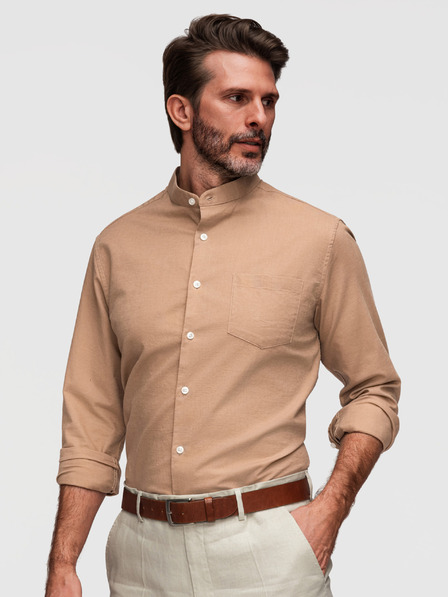 Ombre Clothing Muška platnenica košulja sa stojaćim ovratnikom i džepom REGULAR FIT - svetlo smeđa V7 K704 Ombre Clothing