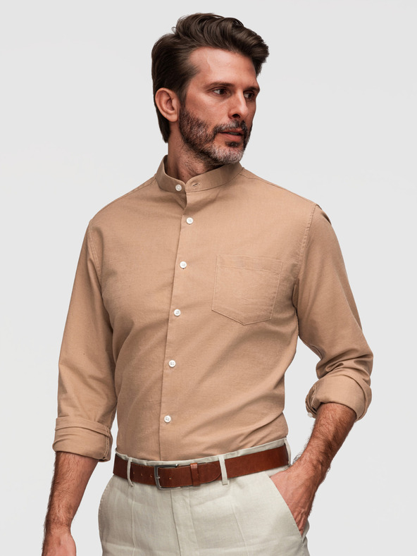 Ombre Clothing Muška platnenica košulja sa stojaćim ovratnikom i džepom REGULAR FIT - svetlo smeđa V7 K704 Ombre Clothing