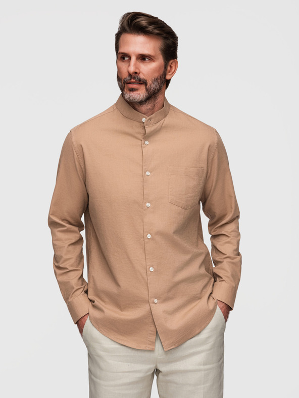 Ombre Clothing Muška platnenica košulja sa stojaćim ovratnikom i džepom REGULAR FIT - svetlo smeđa V7 K704 Ombre Clothing