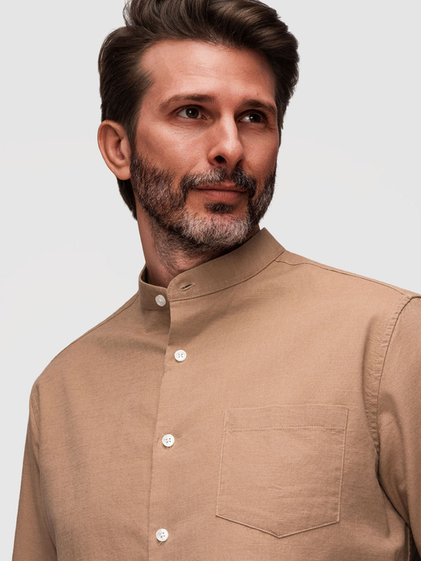 Ombre Clothing Muška platnenica košulja sa stojaćim ovratnikom i džepom REGULAR FIT - svetlo smeđa V7 K704 Ombre Clothing