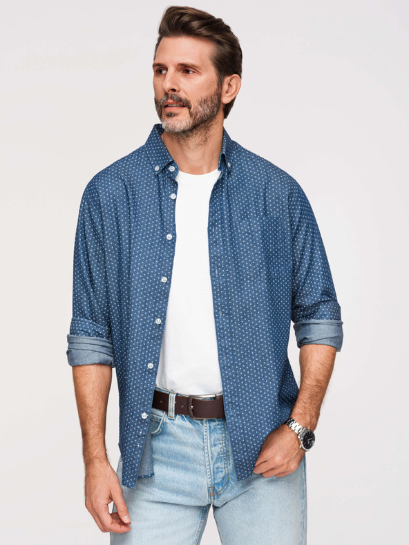 Ombre Clothing Muška pamučna košulja s uzorkom od tankog denimuza - plava V2 K702 Ombre Clothing