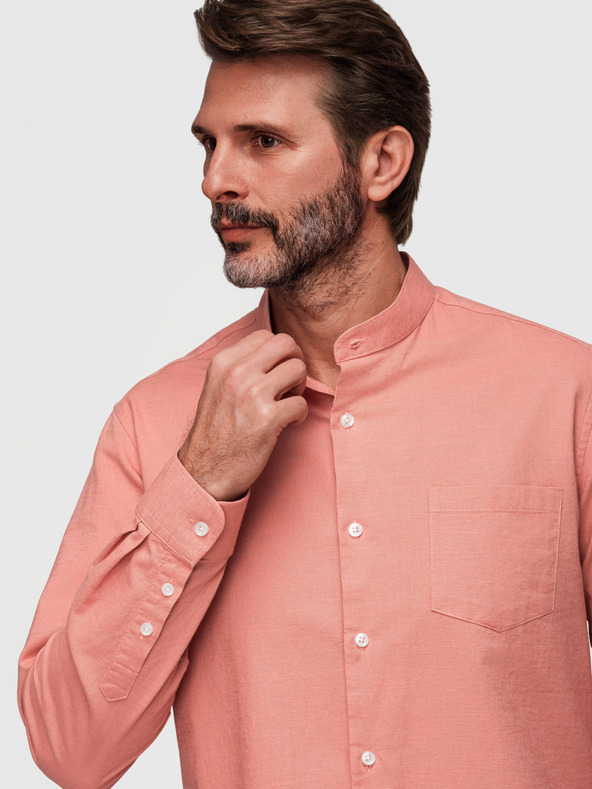 Ombre Clothing Muška lanena košulja sa stojaćim ovratnikom i džepom REGULAR FIT - breskva V1 K704 Ombre Clothing