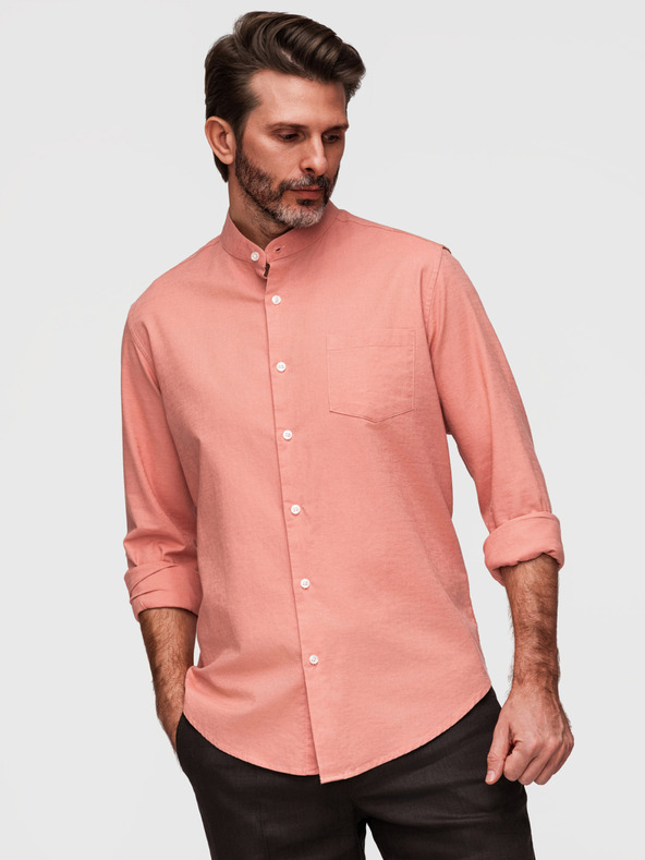 Ombre Clothing Muška lanena košulja sa stojaćim ovratnikom i džepom REGULAR FIT - breskva V1 K704 Ombre Clothing