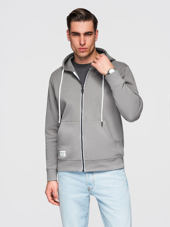 Ombre Clothing Muška pamučna majica BASIC s kapuljačom na rajsferslus - siva V8 OM-SSBZ-0272 Ombre Clothing