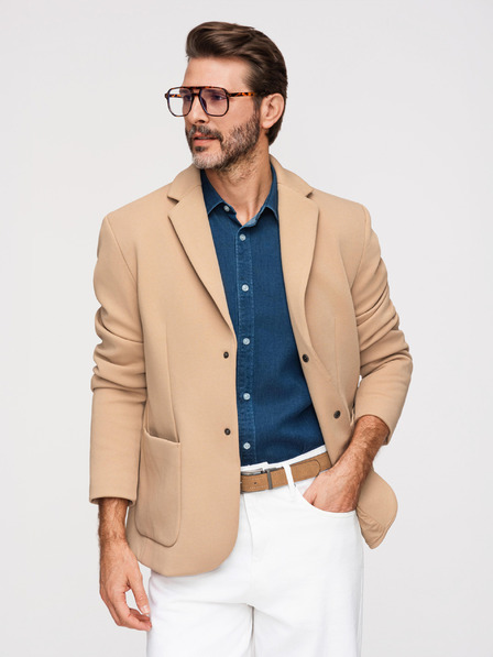 Ombre Clothing Muška strukturirana jakna s visokim ovratnikom i kapuljačom - svijetlo smeđa V1 M167 Ombre Clothing