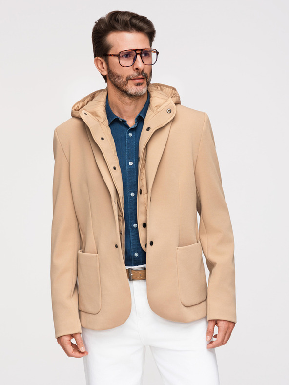 Ombre Clothing Muška strukturirana jakna s visokim ovratnikom i kapuljačom - svijetlo smeđa V1 M167 Ombre Clothing