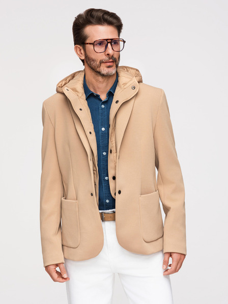 Ombre Clothing Muška strukturirana jakna s visokim ovratnikom i kapuljačom - svijetlo smeđa V1 M167 Ombre Clothing