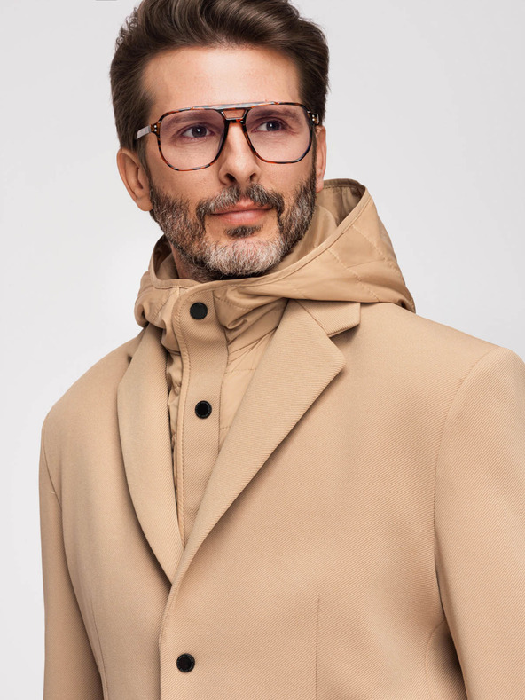 Ombre Clothing Muška strukturirana jakna s visokim ovratnikom i kapuljačom - svijetlo smeđa V1 M167 Ombre Clothing