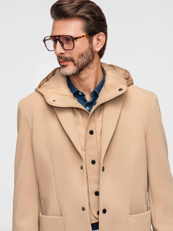 Ombre Clothing Muška strukturirana jakna s visokim ovratnikom i kapuljačom - svijetlo smeđa V1 M167 Ombre Clothing