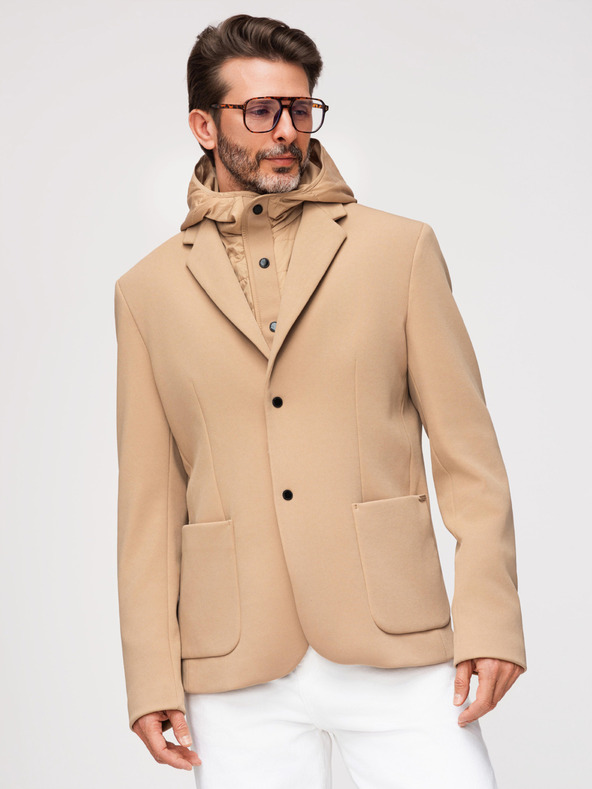 Ombre Clothing Muška strukturirana jakna s visokim ovratnikom i kapuljačom - svijetlo smeđa V1 M167 Ombre Clothing