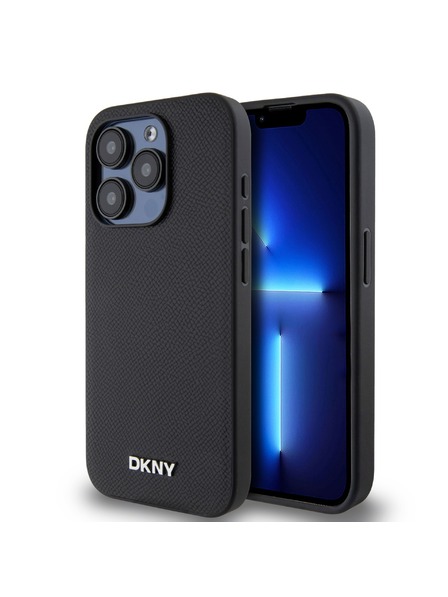 DKNY PU kožna srebrna metalna stražnja maska ​​Magsafe s logotipom za iPhone 15 Pro crna DKNY