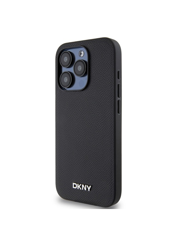 DKNY PU kožna srebrna metalna stražnja maska ​​Magsafe s logotipom za iPhone 15 Pro crna DKNY