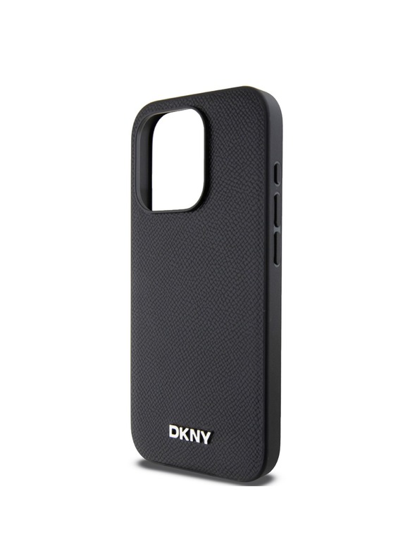 DKNY PU kožna srebrna metalna stražnja maska ​​Magsafe s logotipom za iPhone 15 Pro crna DKNY