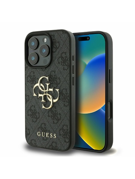 Guess Guess PU 4G Metal Logo Stražnji poklopac za iPhone 16 Pro Max sivi