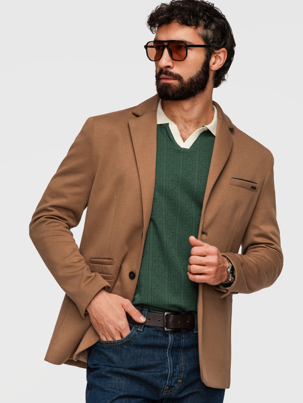 Ombre Clothing Pleteni muški sako SLIM FIT po mjeri - svjetlo smeđe V4 M170 Ombre Clothing