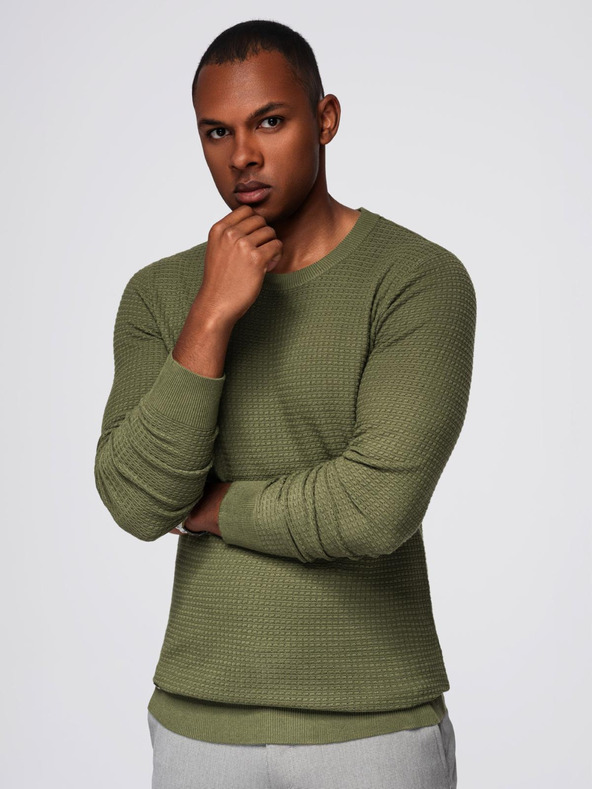 Ombre Clothing Muški strukturirani pulover s okruglim izrezom - maslinasto zelena V1 OM-SWSW-0181 Ombre Clothing