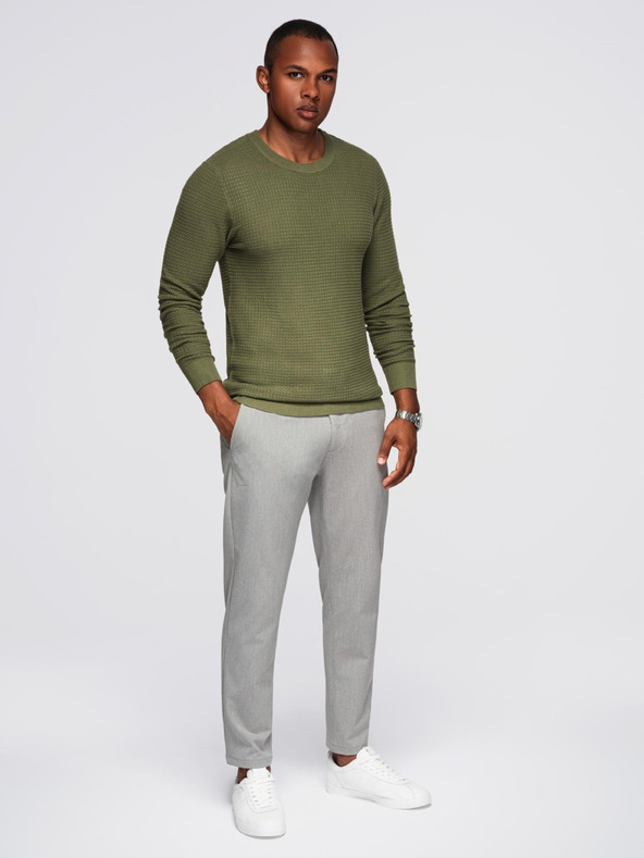 Ombre Clothing Muški strukturirani pulover s okruglim izrezom - maslinasto zelena V1 OM-SWSW-0181 Ombre Clothing
