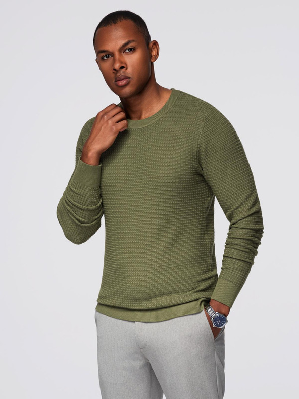 Ombre Clothing Muški strukturirani pulover s okruglim izrezom - maslinasto zelena V1 OM-SWSW-0181 Ombre Clothing