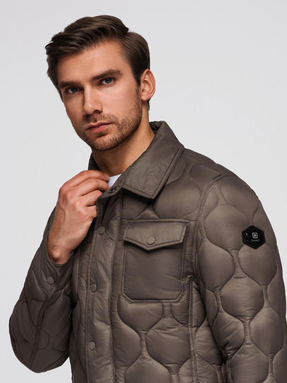 Ombre Clothing Muška prošivana jakna košuljastog kroja - khaki V3 OM-JALP-0215 Ombre Clothing
