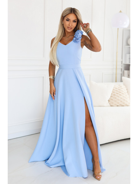 numoco Elegantna večernja maxi haljina s prorezom i ružama - svjetlo plava