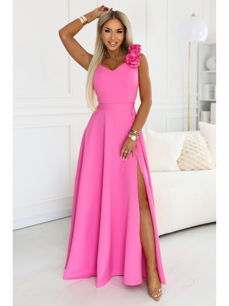 numoco Elegantna večernja maxi haljina s prorezom i ružama - slastičarsku ružičasta