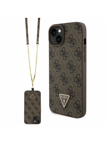 Guess Guess PU 4G Strass Triangle Metal Logo Stražnji Poklopac + Crossbody Remen za iPhone 15 Plus Brown