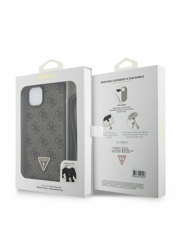 Guess Guess PU 4G Strass Triangle Metal Logo Stražnji Poklopac + Crossbody Remen za iPhone 15 Plus Brown