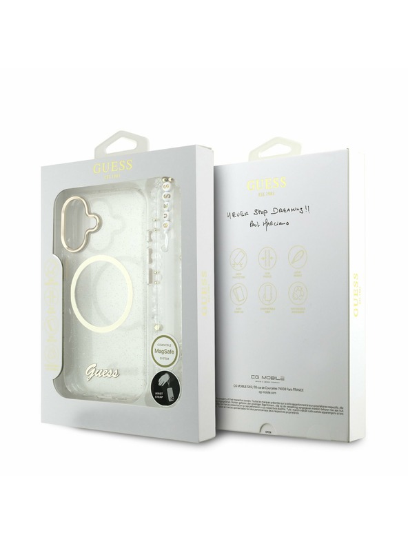 Guess Guess IML Glitter Script Strap MagSafe Stražnji Poklopac za iPhone 17 Transparent