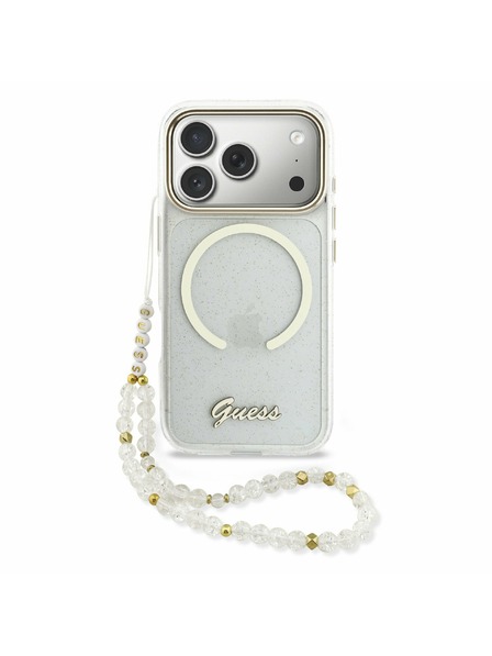 Guess Guess IML Glitter Script Strap MagSafe Stražnji poklopac za iPhone 17 Pro Transparent