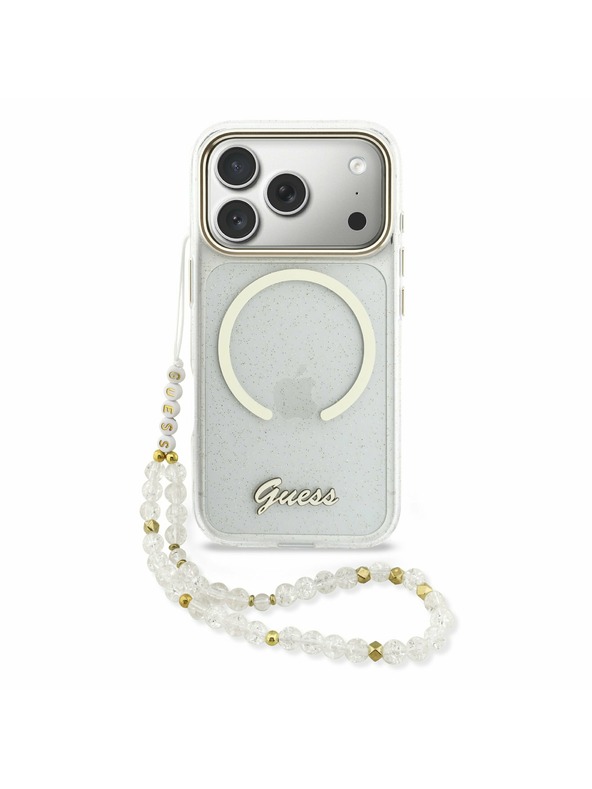 Guess Guess IML Glitter Script Strap MagSafe Stražnji poklopac za iPhone 17 Pro Transparent