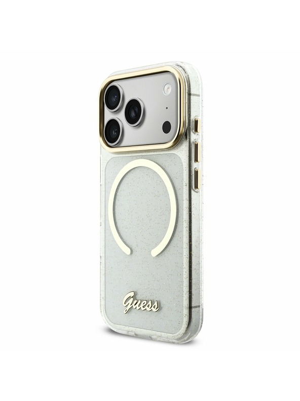 Guess Guess IML Glitter Script Strap MagSafe Stražnji poklopac za iPhone 17 Pro Transparent