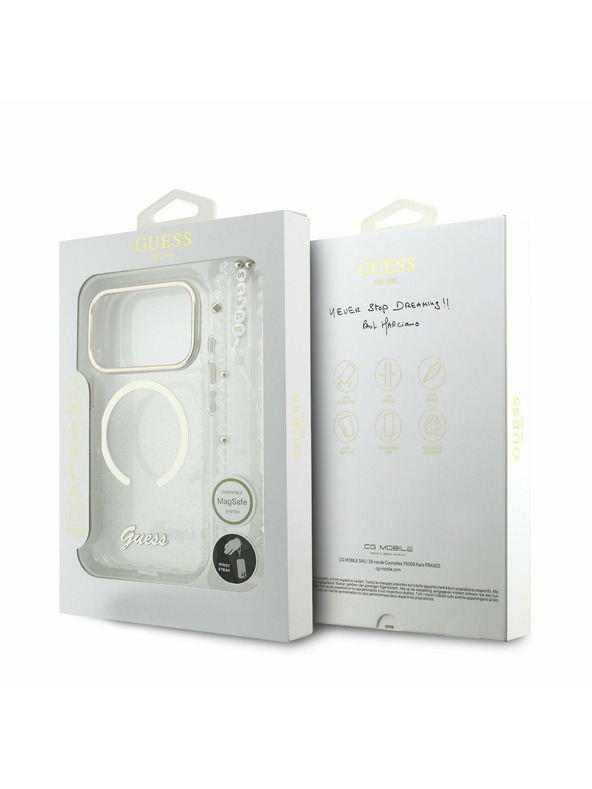 Guess Guess IML Glitter Script Strap MagSafe Stražnji poklopac za iPhone 17 Pro Transparent