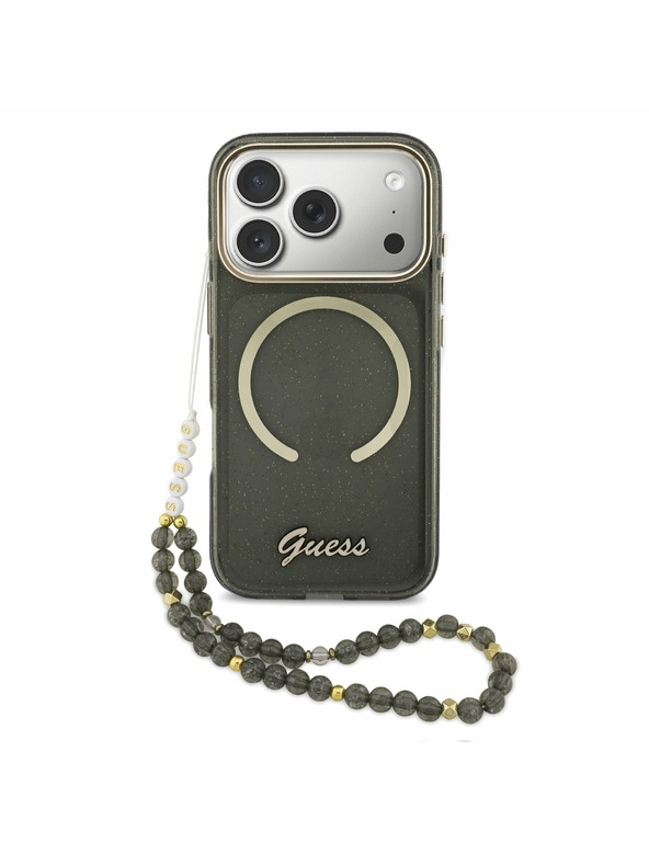 Guess Guess IML Glitter Script Strap MagSafe Stražnji poklopac za iPhone 17 Pro Black