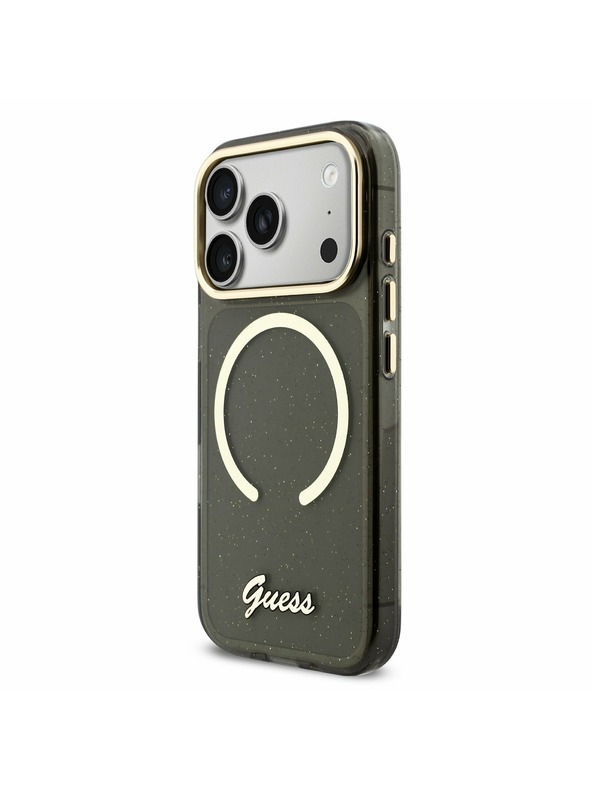 Guess Guess IML Glitter Script Strap MagSafe Stražnji poklopac za iPhone 17 Pro Black