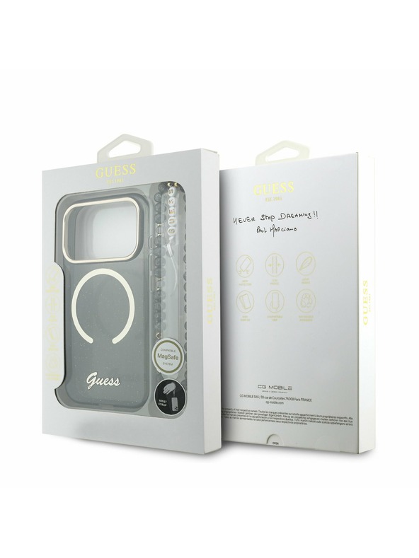 Guess Guess IML Glitter Script Strap MagSafe Stražnji poklopac za iPhone 17 Pro Black