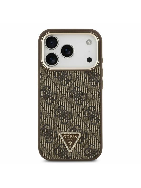 Guess Guess PU Leather 4G Strass Triangle Logo Gold Frame MagSafe Stražnji Poklopac za iPhone 17 Pro Brown